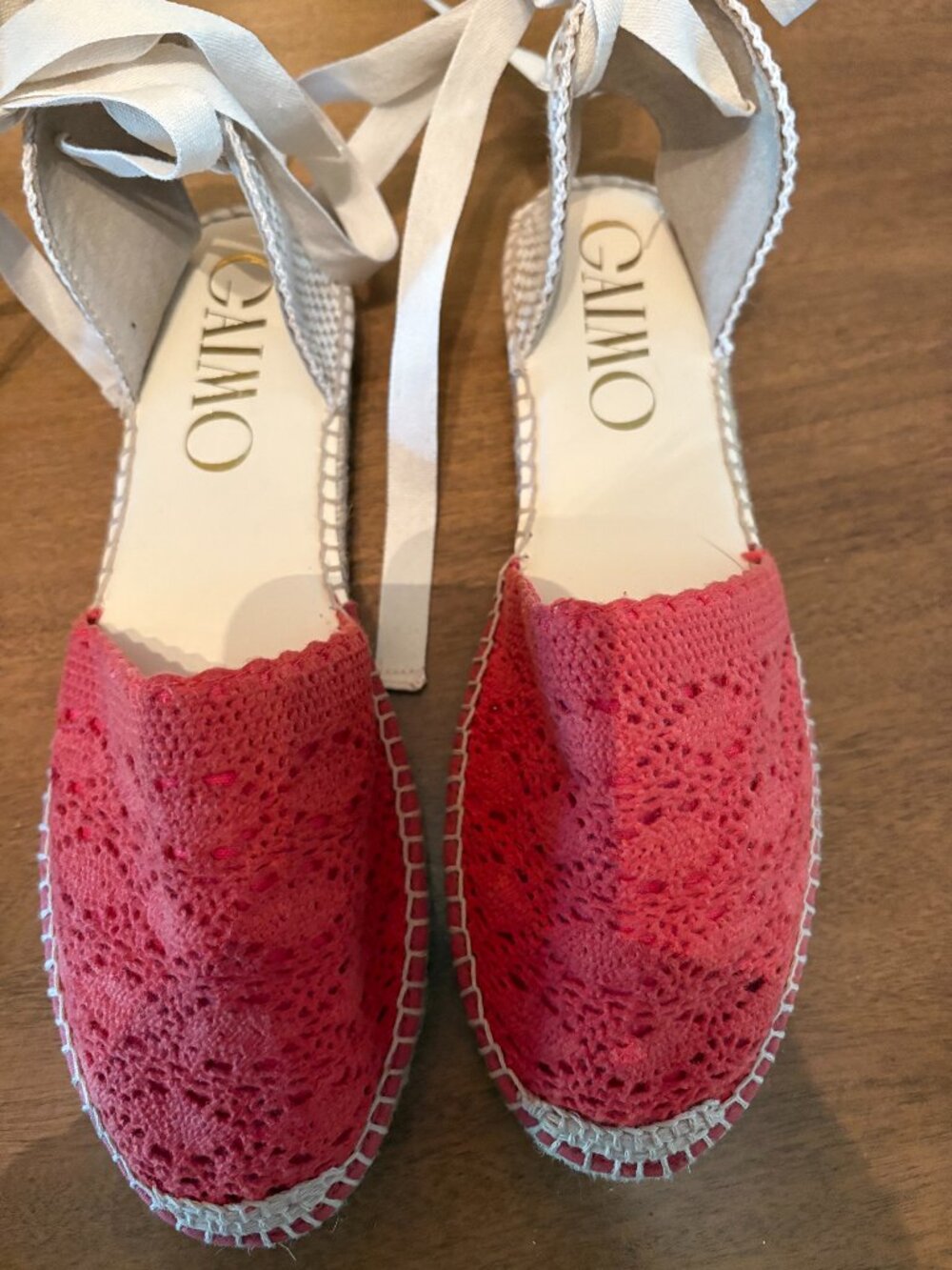 NWOT Gaimo-Made in Spain-Coral Red Crochet Ankle Tie Flat Espadrilles. 10/10.5